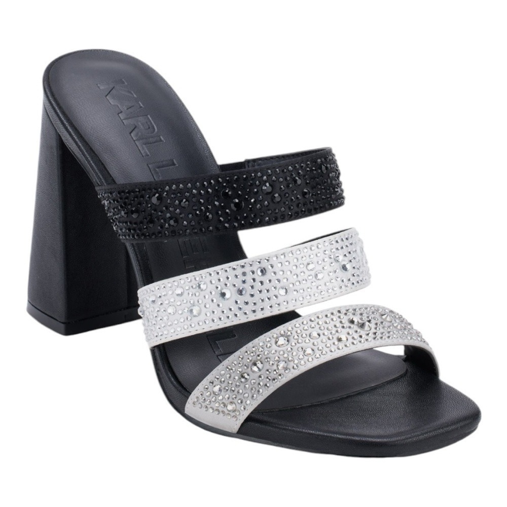 Karl Lagerfeld Rickie Black White Rhinestone Block Heel Slide Sandals Size 6